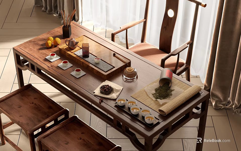 Traditional Wooden Tea Table and Chairs with Tea Tray Teacups Tea Caddy and Fruits 3d model 