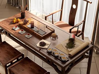 Traditional Wooden Tea Table and Chairs with Tea Tray Teacups Tea Caddy and Fruits 3d model