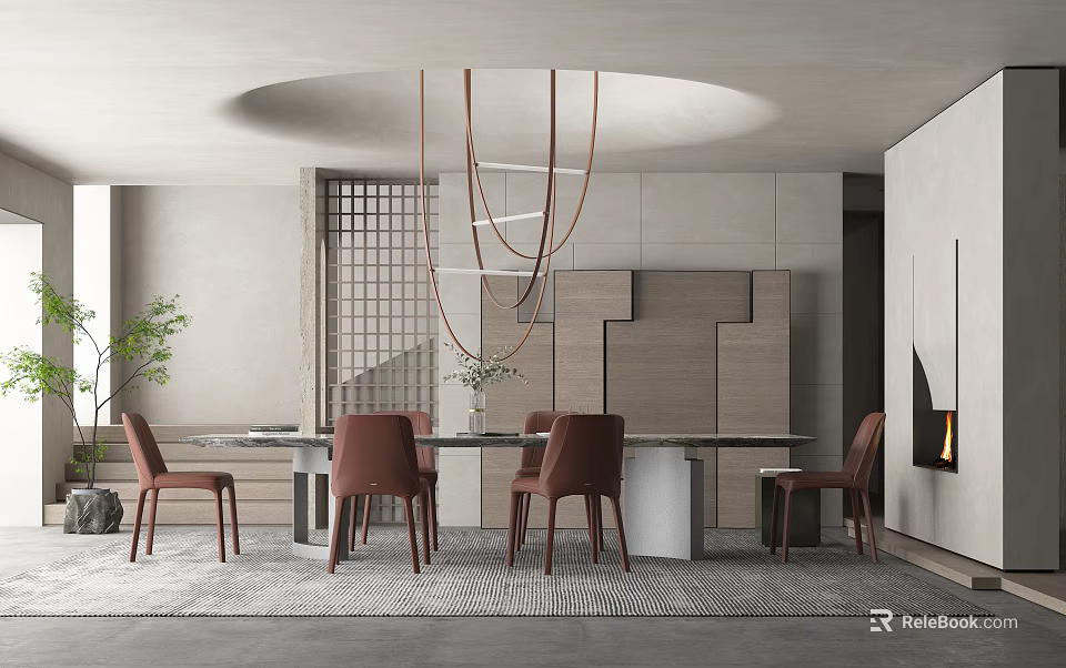 Modern Restaurant Interior With Dining Table Brown Chairs Hanging Lights Grid Wall And Fireplace 3d model 