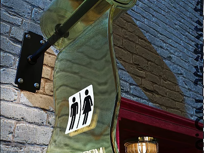 Outdoor Public Toilet Direction Sign With Male Female Symbols On Brick Wall 3d model