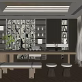 Traditional Tea Room Interior With Wooden Long Table Tea Sets Green Plants And Display Shelves