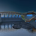 Traditional Dam Structure With Wooden Bridge And Staircases Near Water