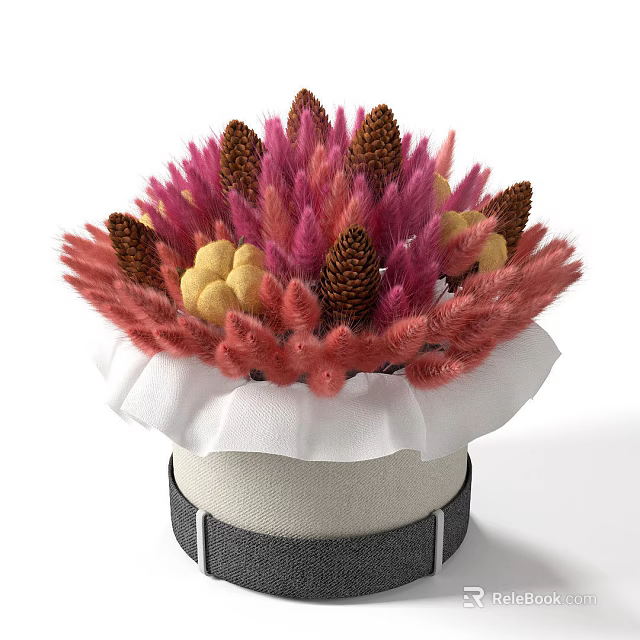 Potted Bonsai Plant With Pink Red Feathery Foliage Pine Cones Yellow Fruits In Beige Container 3d model 
