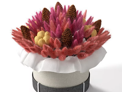 Potted Bonsai Plant With Pink Red Feathery Foliage Pine Cones Yellow Fruits In Beige Container 3d model