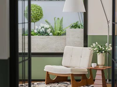 White Upholstered Single Sofa With Wooden Legs Side Table White Tulips Green Wall Window View 3d model