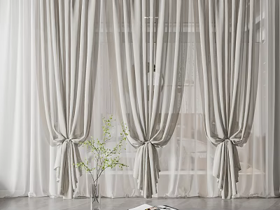 Modern Light Colored Linen Curtains With Bow Tiebacks And Natural Light 3d model