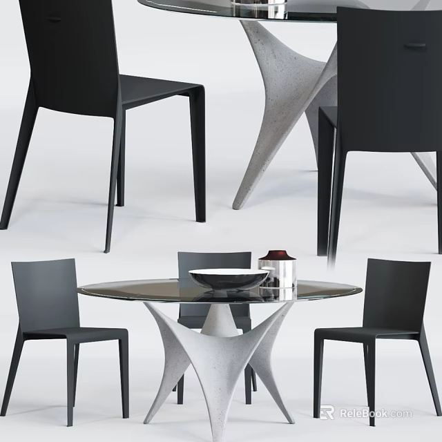 Modern Dining Table Set with Glass Top and Stylish Black Chairs Featuring Unique Base 3d model 