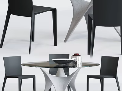 Modern Dining Table Set with Glass Top and Stylish Black Chairs Featuring Unique Base 3d model