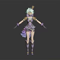Elegant 3D Character With Green Hair Purple Outfit Headpiece And Decorative Accessories