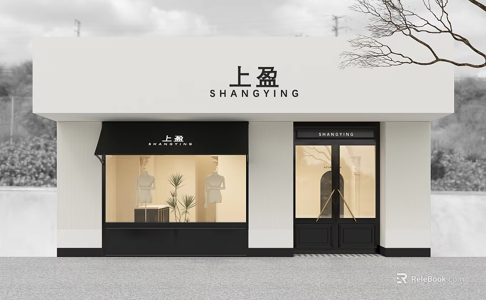 Stylish Clothing Store Facade Featuring Storefront Window Mannequins Green Plants and Glass Door 3d model 