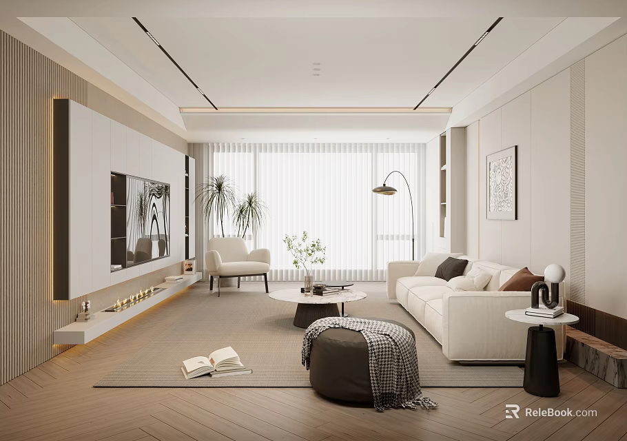 Modern Living Room Interior With Sofa Armchair Plants And Floor Lamp 3d model 