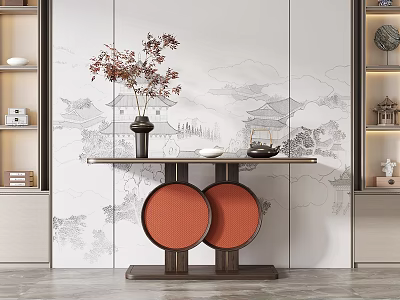 Chinese Style Decorative Console Table with Red Flower Vase Traditional Landscape Wall Art and Display Shelves 3d model