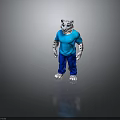 Anthropomorphic Snow Leopard Wearing Blue T-Shirt And Blue Pants Standing On Gray Background With Reflection