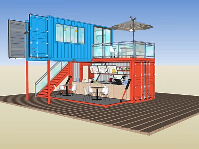 Two Story Blue Red Container Building With Glass Railing Balcony And Outdoor Seating 3d model