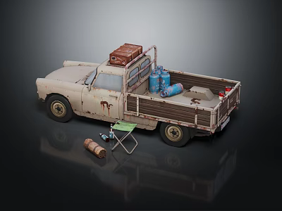 Vintage Rusted Truck Featuring Luggage Blue Gas Canisters Folding Chair and Rolled Blanket 3d model