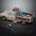 Vintage Rusted Truck Featuring Luggage Blue Gas Canisters Folding Chair and Rolled Blanket