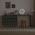 Green Drawer Black Countertop Dressing Table With Round Mirror Orange Stool And Decorative Paintings
