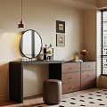 Modern Dressing Table With Round Mirror Drawers And Decorative Stool Setup 3d model