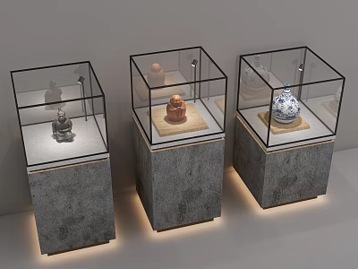 Various Antique Artifacts In Glass Display Cases With Gray Pedestals And Soft Lighting 3d model