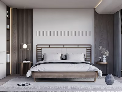Modern Bedroom Interior Design With Wooden Headboard Nightstands Decorative Rug Lamp And White Bedding 3d model