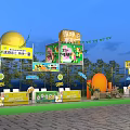 Promotional Display Stand With Yellow Decorations Orange Models And Green Streamers