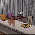 Transparent Copper Acrylic Coffee Table with Flower Vase Fruits Sofa Pillows and White Curtains