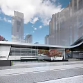 Contemporary Building Exterior With Glass Facade Curved Design Urban Trees And Open Plaza