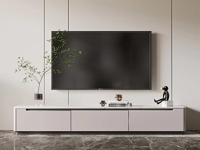 Modern Minimalist White TV Stand with Flat Screen TV Green Plant and Decorative Drawers 3d model
