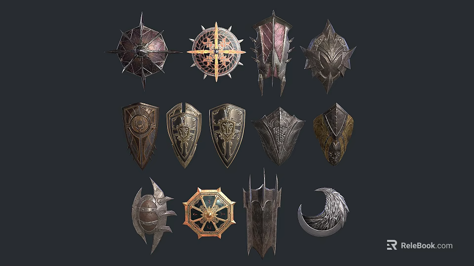 Various Decorative Shield Designs With Intricate Patterns And Ornate Metal Details 3d model 