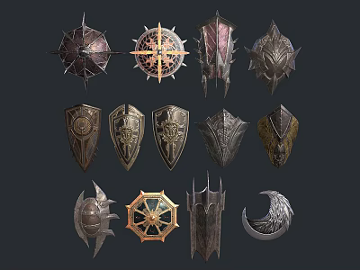 Various Decorative Shield Designs With Intricate Patterns And Ornate Metal Details 3d model
