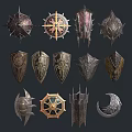 Various Decorative Shield Designs With Intricate Patterns And Ornate Metal Details