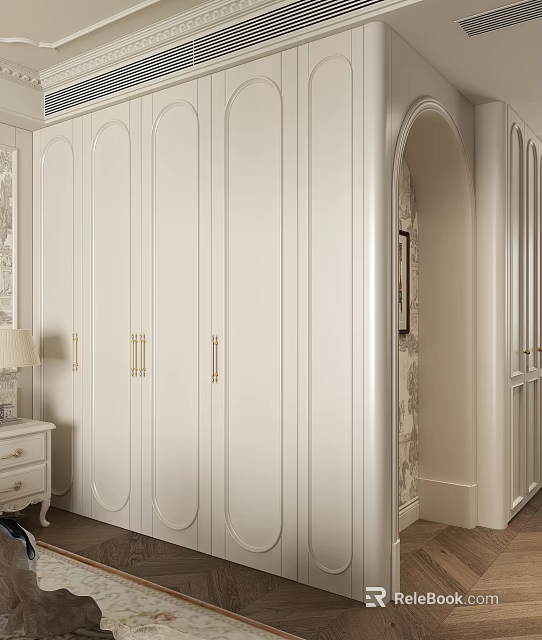 Elegant Modern White Wardrobe Interior Design With Vertical Lines And Gold Handles 3d model 