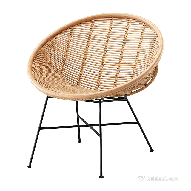 Stylish Rattan Single Chair With Round Woven Design And Black Metal Legs 3d model 