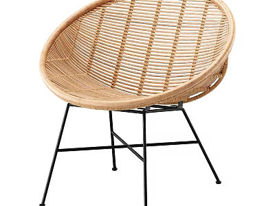 Stylish Rattan Single Chair With Round Woven Design And Black Metal Legs 3d model
