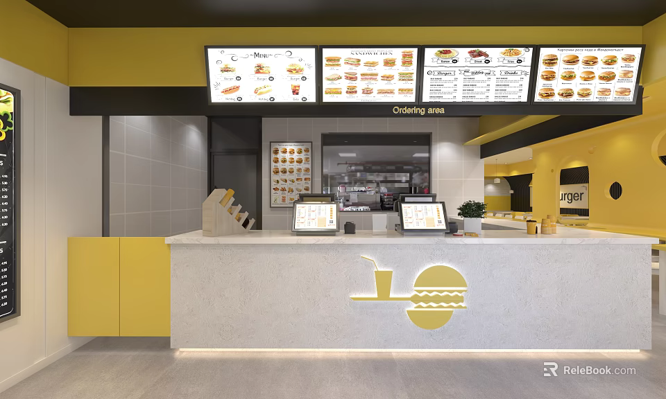Modern Fast Food Restaurant Interior With Yellow Counter Menu Screens And Burger Drink Logo 3d model 