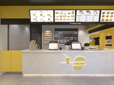 Modern Fast Food Restaurant Interior With Yellow Counter Menu Screens And Burger Drink Logo 3d model