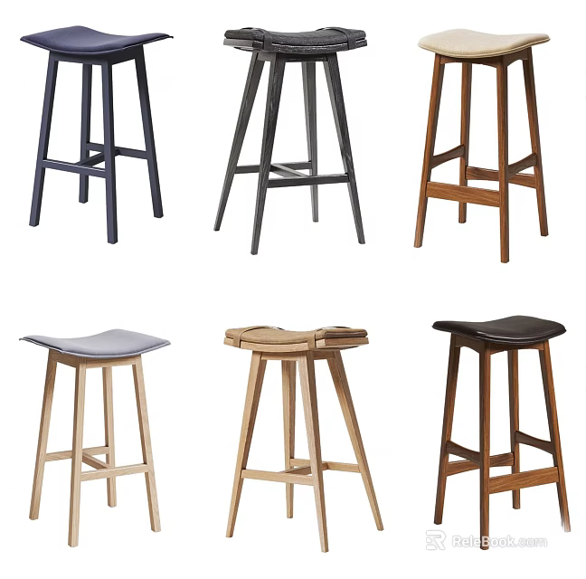 Stylish Bar Stools With Various Designs Wood And Metal Frames In Different Colors 3d model 