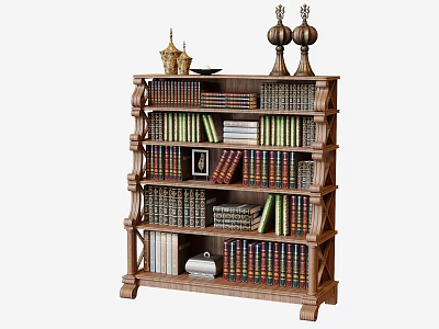 Antique Wooden Carved Bookshelf With Multi Tiered Shelves Stacked Books And Decor 3d model