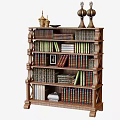 Antique Wooden Carved Bookshelf With Multi Tiered Shelves Stacked Books And Decor