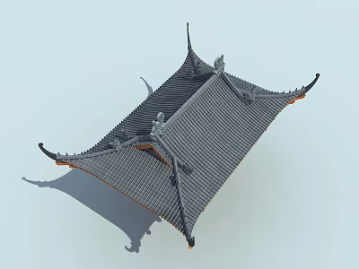 Traditional Chinese Architectural Roof with Overhanging Eaves and Ornate Ridge Decorations 3d model