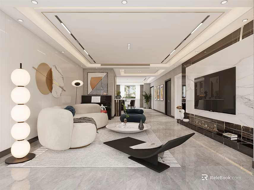 Modern Living Dining Room Interior With White Sofa Coffee Table And TV Wall 3d model 