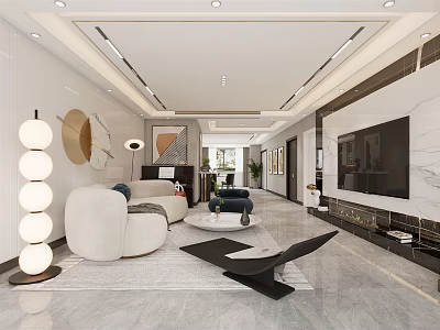 Modern Living Dining Room Interior With White Sofa Coffee Table And TV Wall 3d model