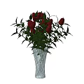 Ceramic Vase With Vertical Stripes Red Pink Roses Green Leaves On White Table