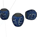 Three Blue and White Ceramic Jars With Intricate Scenic Patterns on White Background