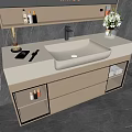 Modern White Washbasin Vanity Design With Vase Flowers Toiletries On Shelf And Glass Panel Drawers