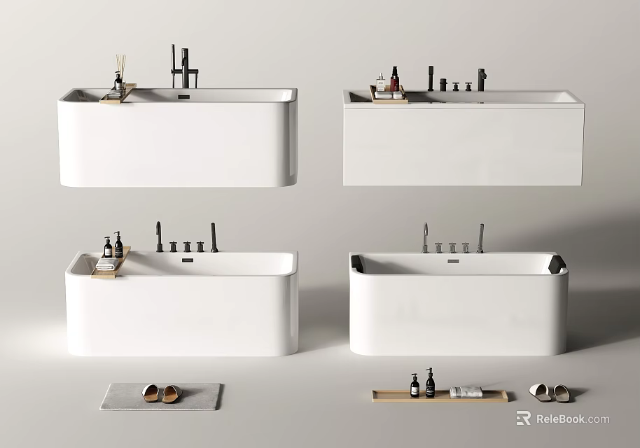 Modern White Bathtub Design With Aromatherapy Bottles Towels And Slippers 3d model 