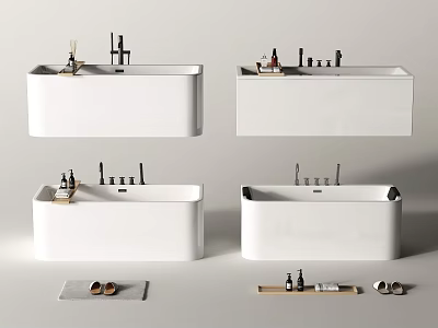 Modern White Bathtub Design With Aromatherapy Bottles Towels And Slippers 3d model