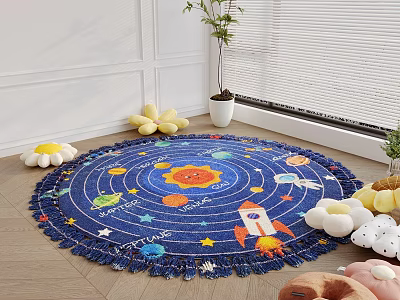 Indoor Space Themed Round Rug With Sun Planets And Rocket 3d model
