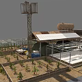 Rural Farm Landscape With White Sheds Metal Frames Dirt Ground And Water Tanks