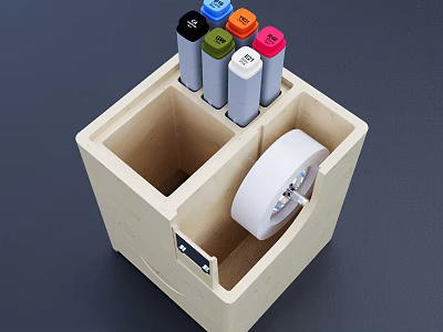 Wooden Folder Organizer with Colorful Markers and Tape Roll in Multiple Compartments for Desk Storage 3d model